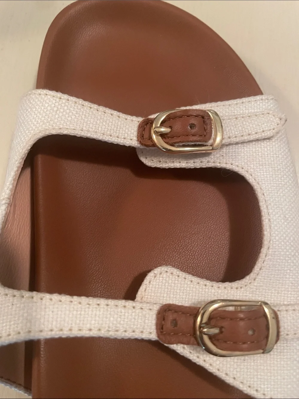 J. Crew White Canvas Double-Strap Slide Sandals with Tan Footbed